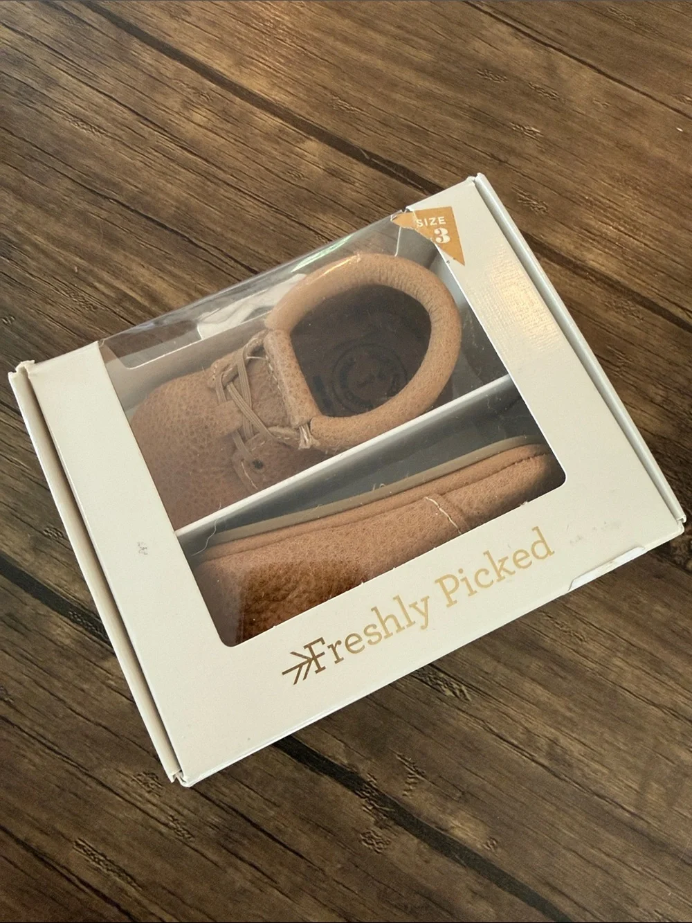 Freshly Picked Tan Leather Baby Moccasins in Box